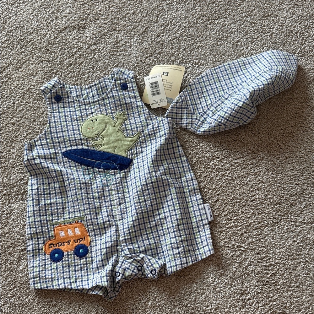 NWT Vintage Vitamins kids baby boy gingham Blue Plaid Baby Romper w/matching hat